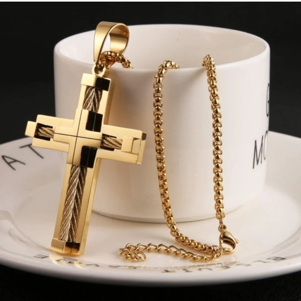 Stainless Steel Cable Gold Cross Necklace-Men's Fashion Jewelry